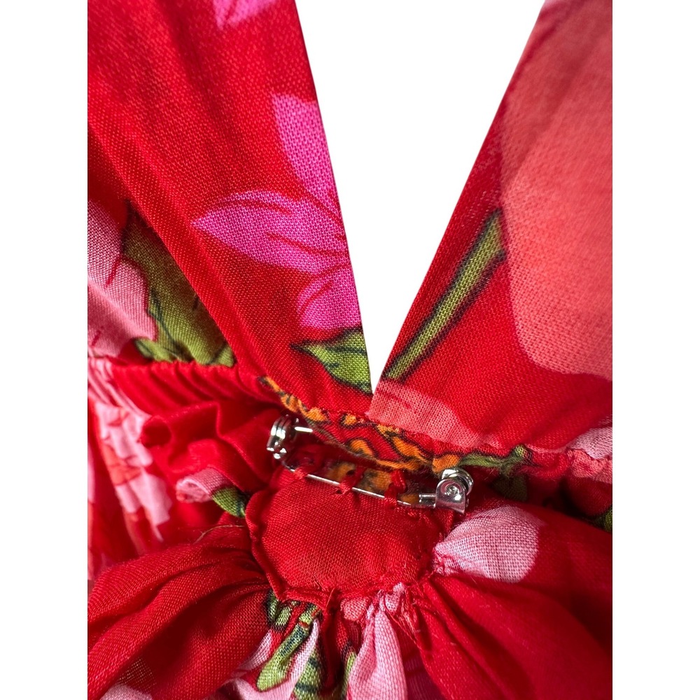J.Crew Womens Floral Organic Cotton V Neck Sun Dress Red Large Summer Resort - Picture 7 of 11